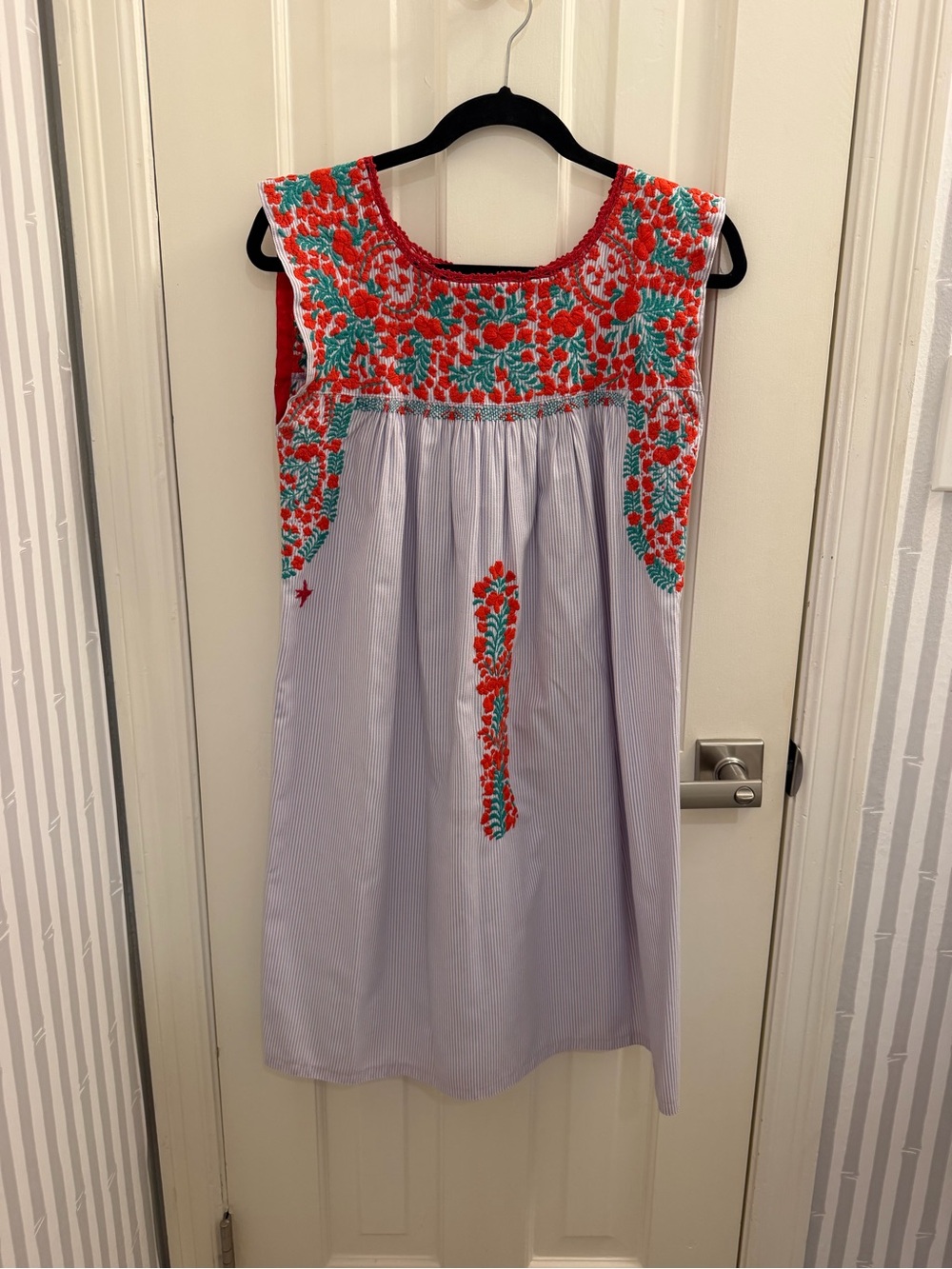 Mi Golondrina Embroidered Sleeveless Dress in Red & Teal on Lilac Stripe